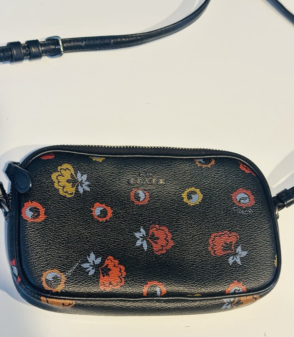 Coach Signature Floral Crossbody Bag Double Zip Adjustable Strap Black Designer